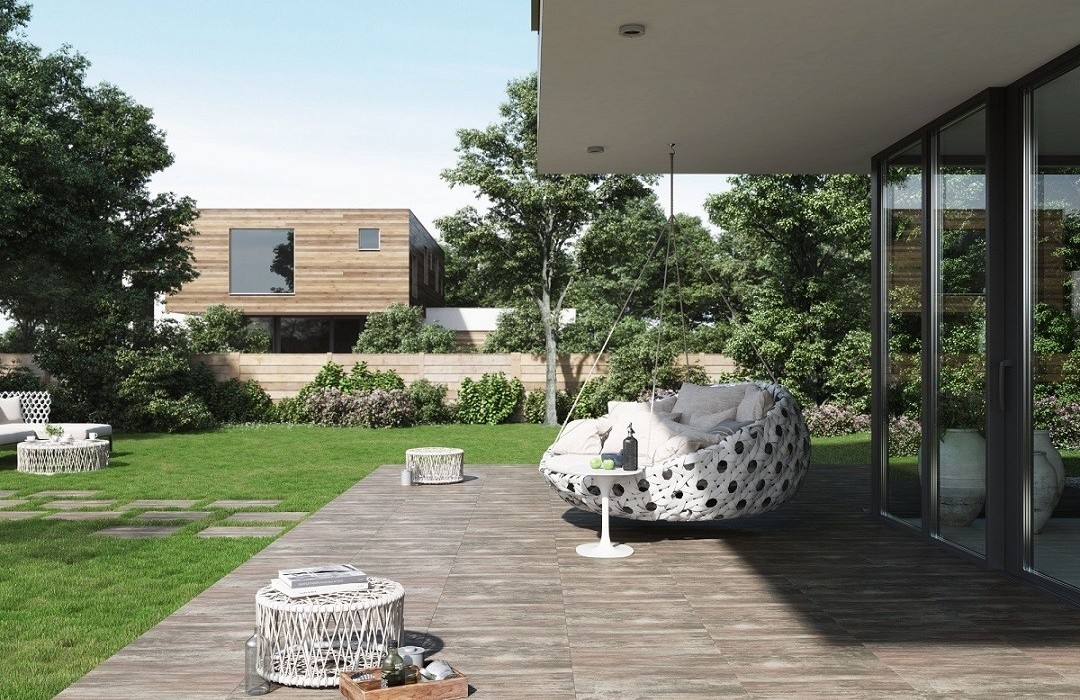 Terrace arranged with gres tiles Wood 2.0 Brown from Opoczno