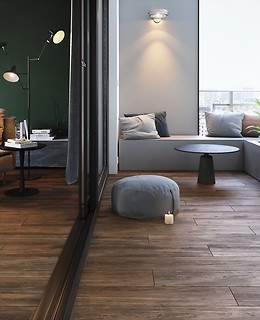 Modern dark wood-alike gres tiles from Opoczno on the balcony